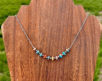 Genuine Turquoise, Spiny Oyster, and Sterling Silver Navajo Style Pearl, Western Bar Necklace