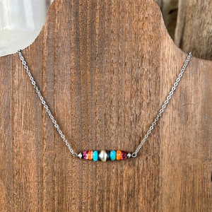 Navajo Style Pearl Bar Necklace with Purple and Orange Spiny Oyster, and Kingman Turquoise, Silver and Turquoise, Western Necklace