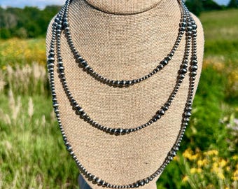 Multi Graduated Navajo Style Pearl Necklace, with Sterling Silver Pearls, Trendy Western Necklace