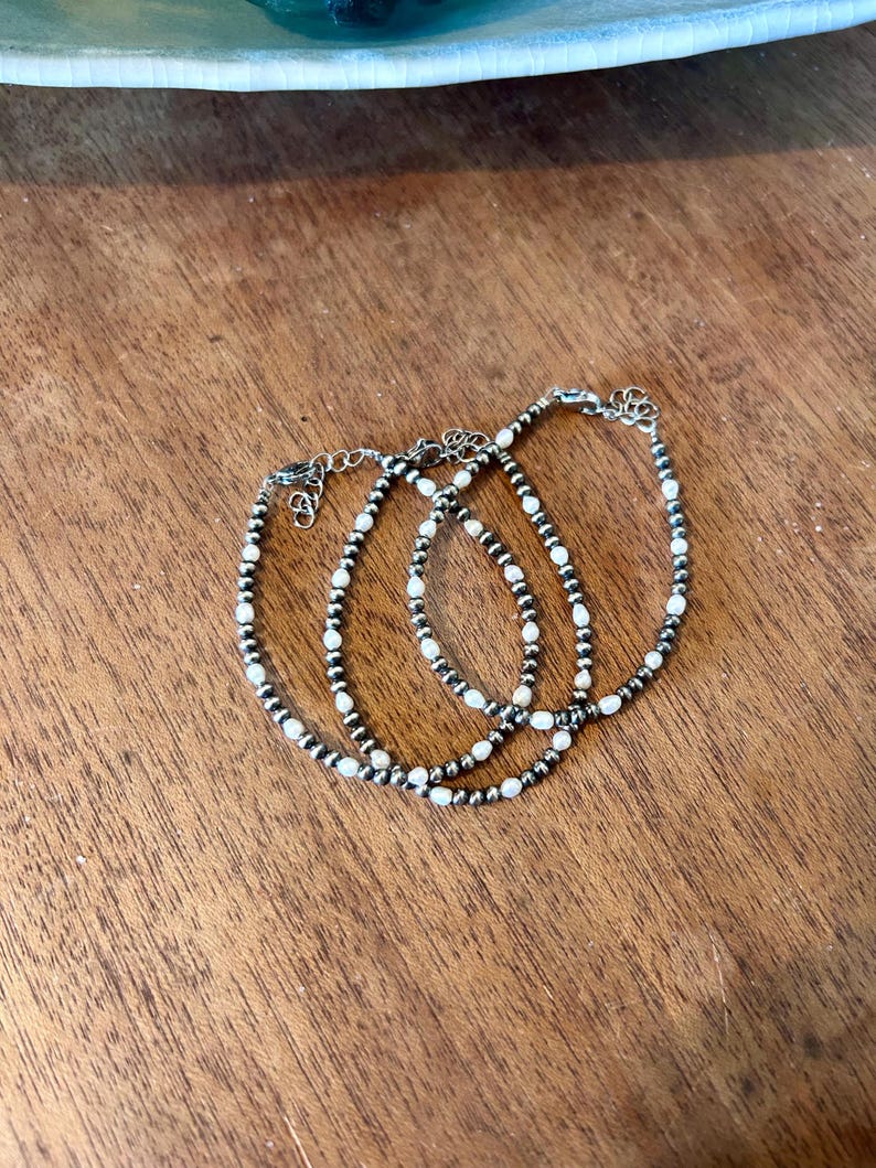 Freshwater Pearl and Sterling Silver Navajo Style Pearl Beaded Western Bracelet image 8