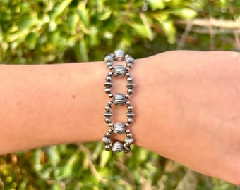 Sterling Silver Navajo Style Pearl Woven Bracelet Genuine Oxidized Silver Textured Pearls