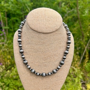 Sterling Silver Navajo Style Melon Pearl Necklace Western Corrugated Beaded Silver Necklace