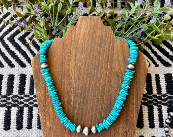 Authentic Turquoise Statement Necklace with Sterling Silver Navajo Pearls , Large Western Necklace