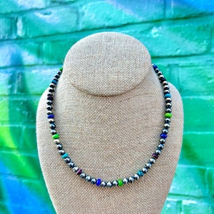 Green Blue and Purple Mixed Stone and Sterling Silver Pearl 16” Navajo Style Necklace, with Turquoise, Spiny Oyster, and Lapis Lazuli