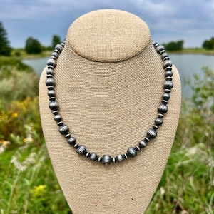 Sterling Silver Navajo Style Melon Pearl Necklace Western Corrugated Beaded Silver Necklace