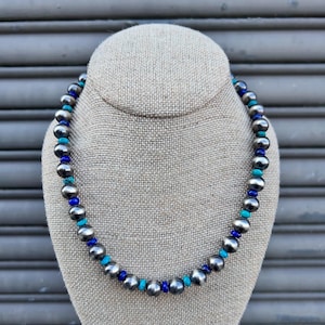 Turquoise and Lapis Lazuli with Sterling Silver Navajo Style 10mm Pearls