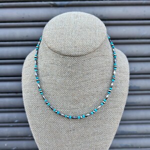 Western Turquoise Necklace with Sterling Silver Navajo Style Pearls and Torpedos and Genuine Kingmaned Turquoise