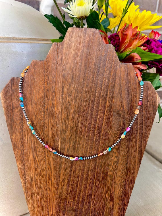 Pink Dahlia Necklace With Sterling Silver Navajo Style Pearls