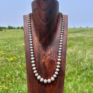 Graduated Hand Stamped Sterling Silver Navajo Pearl with Seams Western Statement Necklace, 6mm-14mm beads