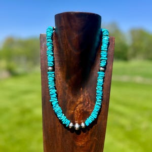 Genuine Turquoise Statement Necklace with Sterling Silver Navajo Style Pearls Large Western Necklace