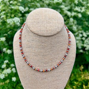 Red pink and orange Navajo style Pearl 16&quot; Necklace, with Genuine Pink Conch and Spiny Oyster Shell, with Sterling Silver Pearls