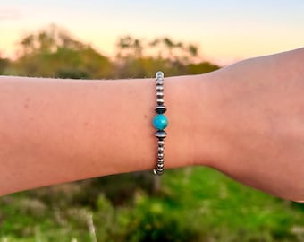 Sterling Silver Navajo Style Pearl Bracelet, with Kingman Turquoise