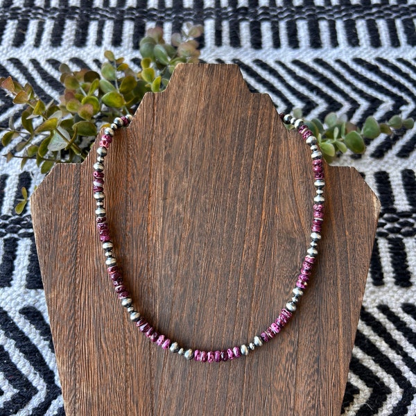 Purple Spiny Oyster with Silver Navajo Style Pearls, Western Necklace