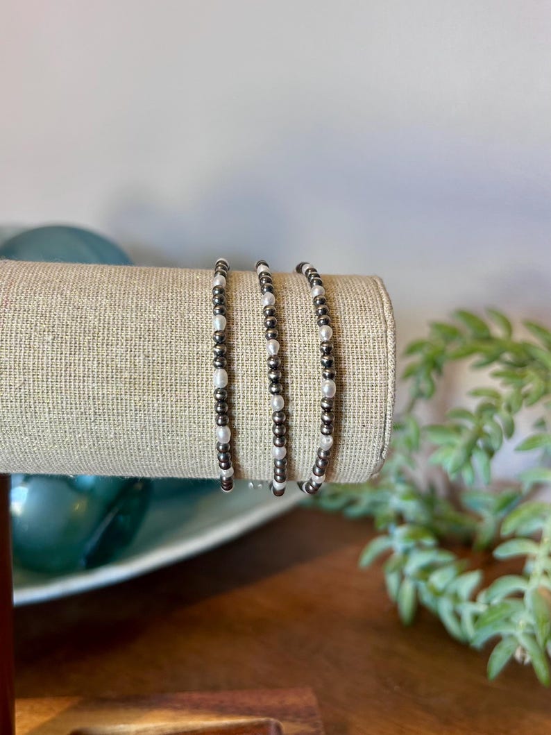 Freshwater Pearl and Sterling Silver Navajo Style Pearl Beaded Western Bracelet image 4