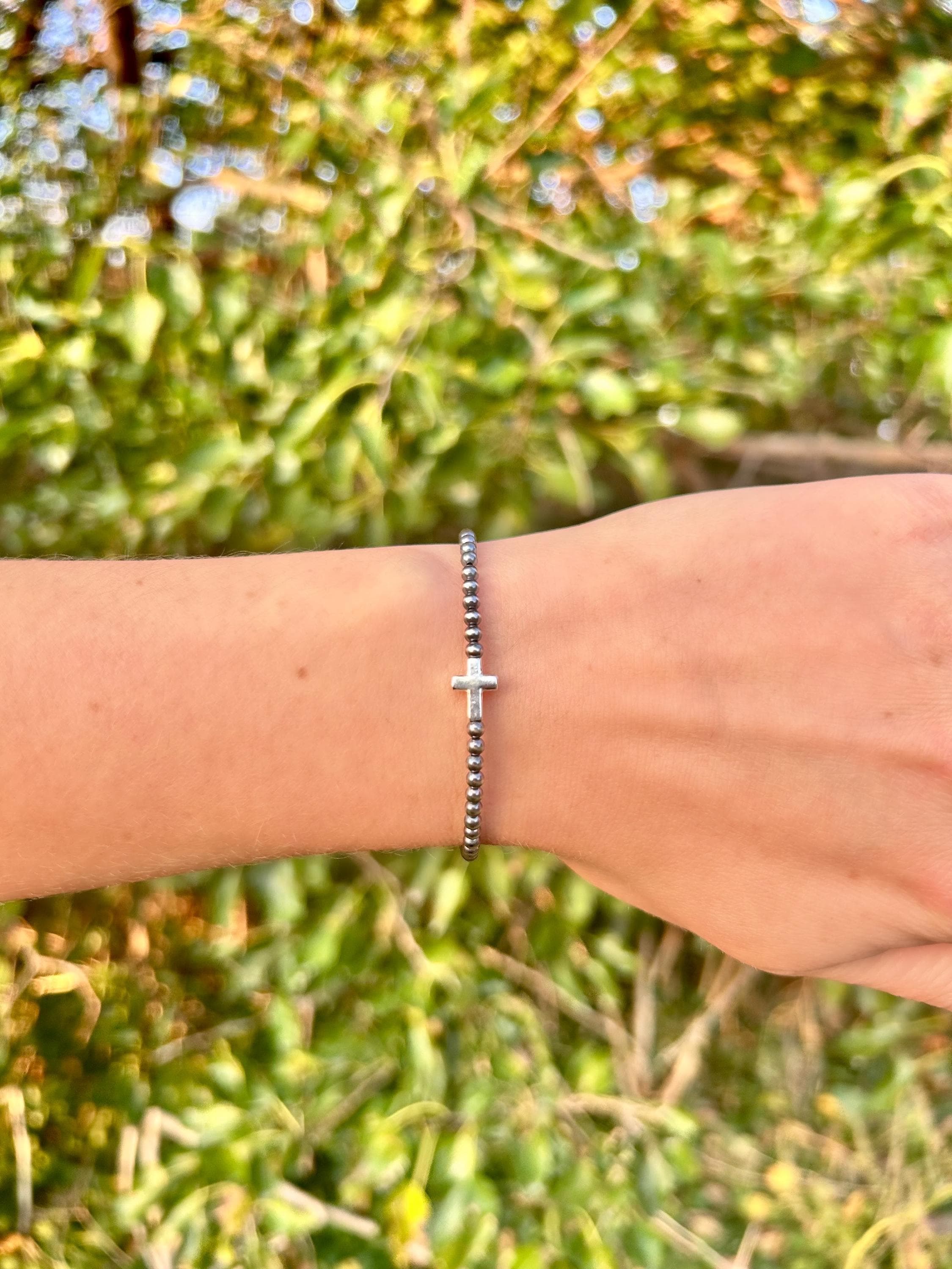 Dainty Cross Bracelet With Sterling Silver Navajo Style Pearls - Etsy