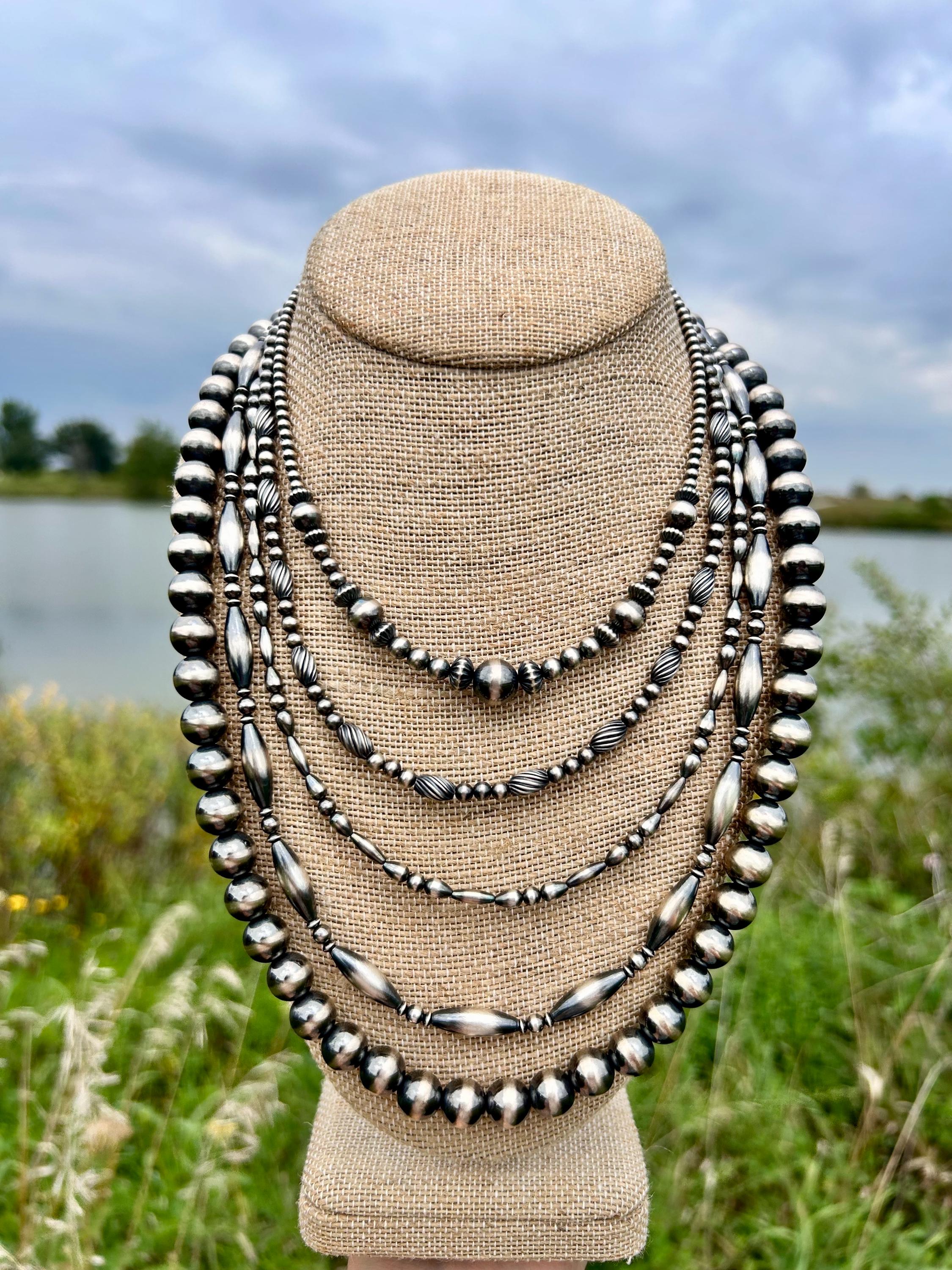 Sterling Silver Torpedo Navajo Style Pearl Necklace | Handmade 