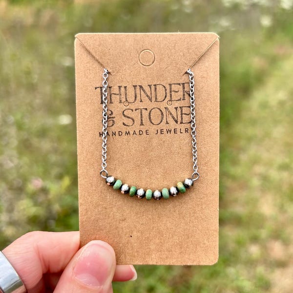 Green Turquoise Bar Necklace with Genuine Sterling Silver Navajo Style Pearl