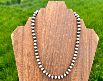 8mm Sterling Silver Navajo Pearl Necklace, with Oxidized Sterling Silver Beads, 16-19” long