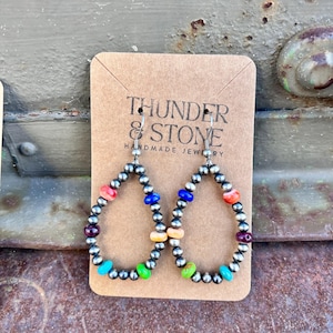 Southwestern Colorful Sterling Silver Pearl, Western Hoop Earrings