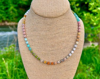 Cubed Multi-Gemstone Necklace with Sterling Silver Desert Pearl Accents