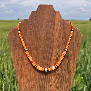 Spiny Oyster Statment Necklace, with Sterling Silver Pearl Accents, One-of-a-kind, Orange Western Necklace
