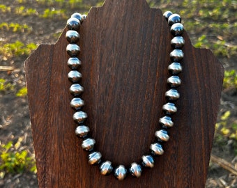 14mm Solid Sterling Silver Navajo Inspired, Western, Pearl Statment Necklace, with Oxidized Sterling Silver Beads
