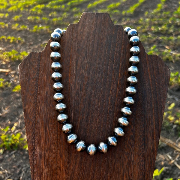 14mm Solid Sterling Silver Navajo Inspired, Western, Pearl Statment Necklace, with Oxidized Sterling Silver Beads