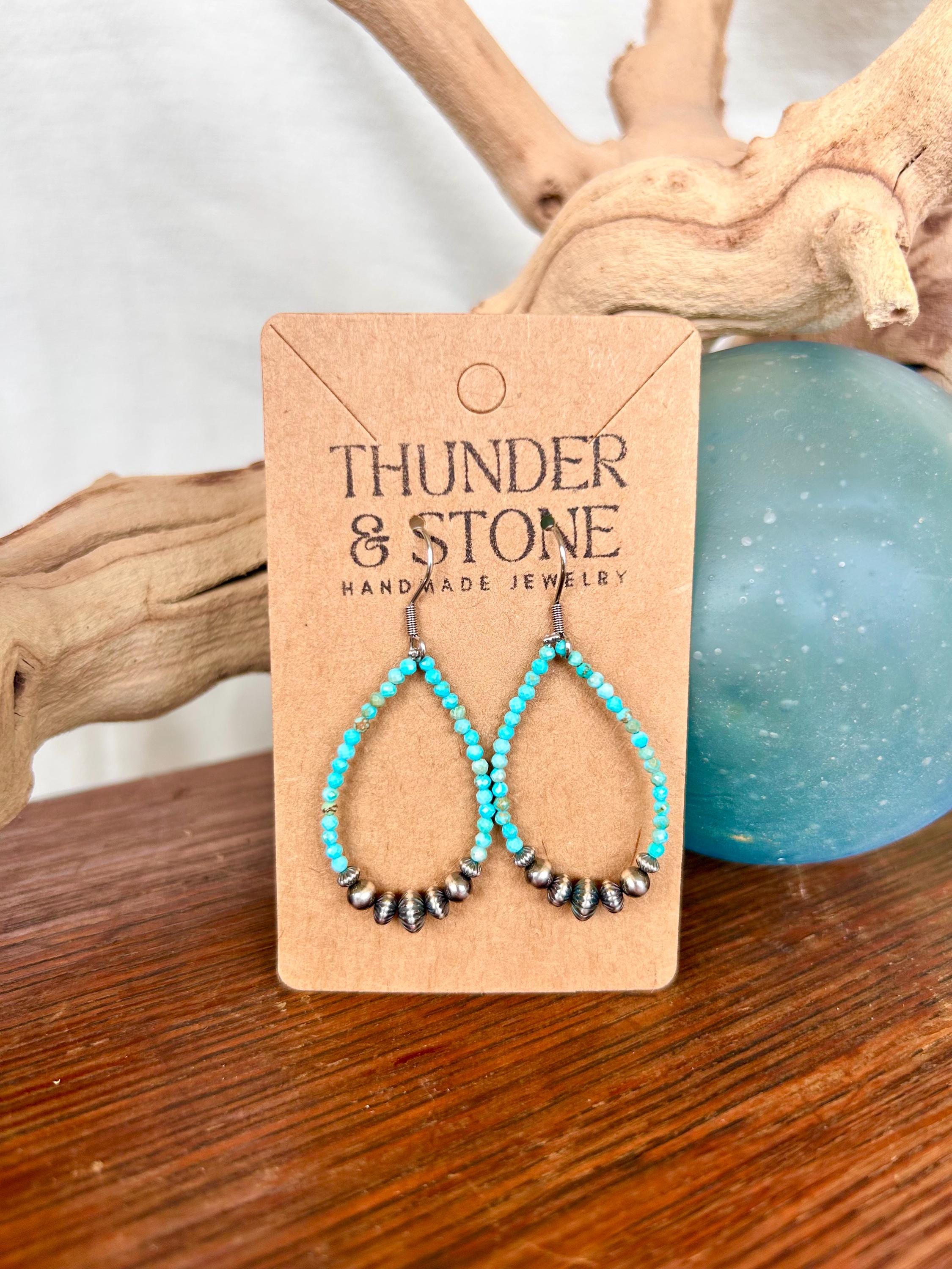 Genuine Turquoise and Silver Navajo Style Pearl Western Drop Hoop Earrings