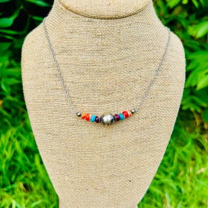 Southwestern Bright Spiny Oyster, Turquoise, and Sterling Silver Desert Pearl Bar Necklace