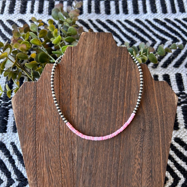 Pink Conch Navajo Style Pearl Choker, with Genuine Pink Conch Shell and Sterling Silver Pearls, Necklace