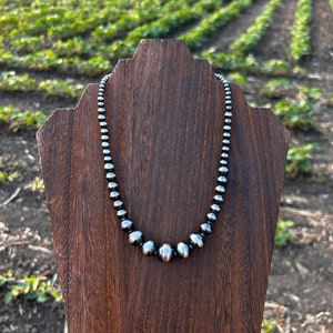 Graduated Sterling Silver Navajo Style Pearl Necklace, 3-14mm, 17” Stacker Necklace