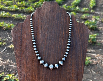 Graduated Sterling Silver Navajo Style Pearl Necklace, 3-14mm, 17” Stacker Necklace