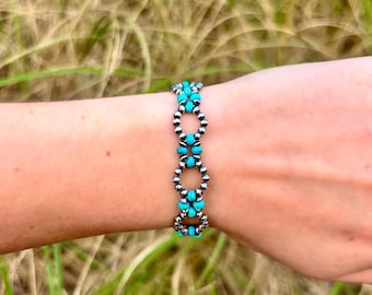 Kingman Turquoise and Sterling Silver Navajo Pearl Western Bracelet