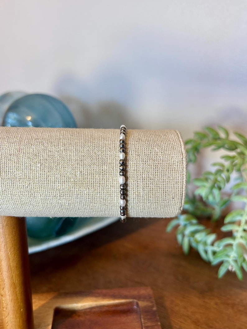 Freshwater Pearl and Sterling Silver Navajo Style Pearl Beaded Western Bracelet image 7
