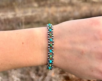 Sterling Silver Navajo Pearl Bracelet with Genuine Turquoise, Woven Western Style
