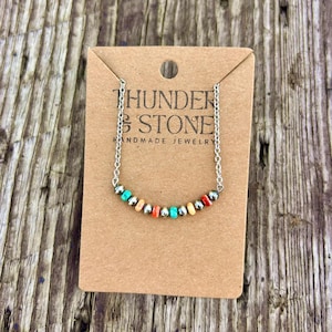 Genuine Sterling Silver Desert Pearl Western Bar Necklace with Kingman Turquoise and Spiny Oyster