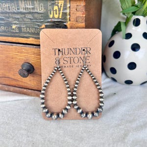Sterling Silver Navajo Style Pearl Hoop Earrings, Western Hoop Beaded Earrings