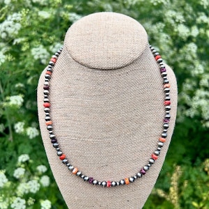 Sterling Silver Pearl and Spiny Oyster, Western Beaded 16” Necklace
