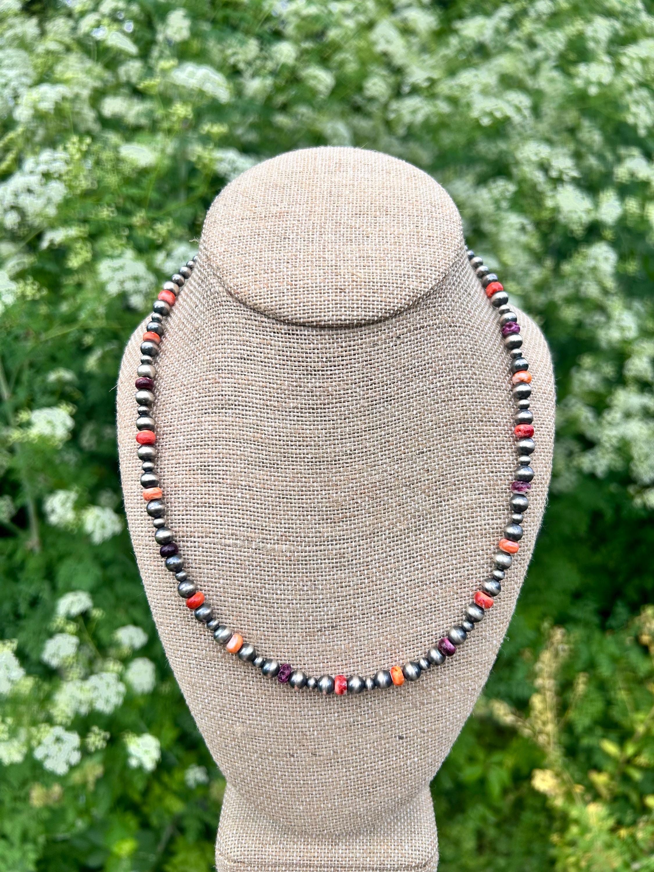 Sterling Silver Pearl and Spiny Oyster, Western Beaded 16” Necklace