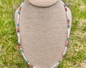 Genuine, white freshwater, pearl and mixed western stone in Sterling silver Navajo style pearl necklace, One of a kind