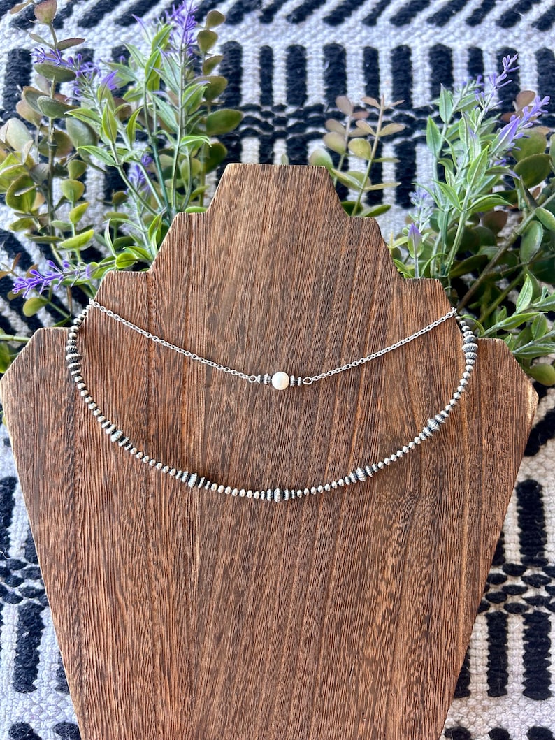Dainty Fresh Water Pearl and Sterling Silver Choker, Necklace, with sterling silver corrugated Navajo saucer, beads image 3
