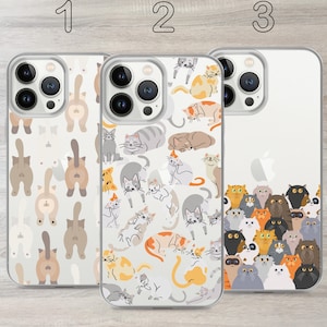 May include: Three iPhone cases with different designs. The first case has a white background with a repeating pattern of gray and white cats. The second case has a white background with a repeating pattern of colorful cats. The third case has a white background with a repeating pattern of colorful cats.