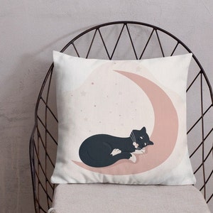 Almohada de luna de gato negro - lindo cojín de gato negro, decoración del hogar boho, almohada de lino premium