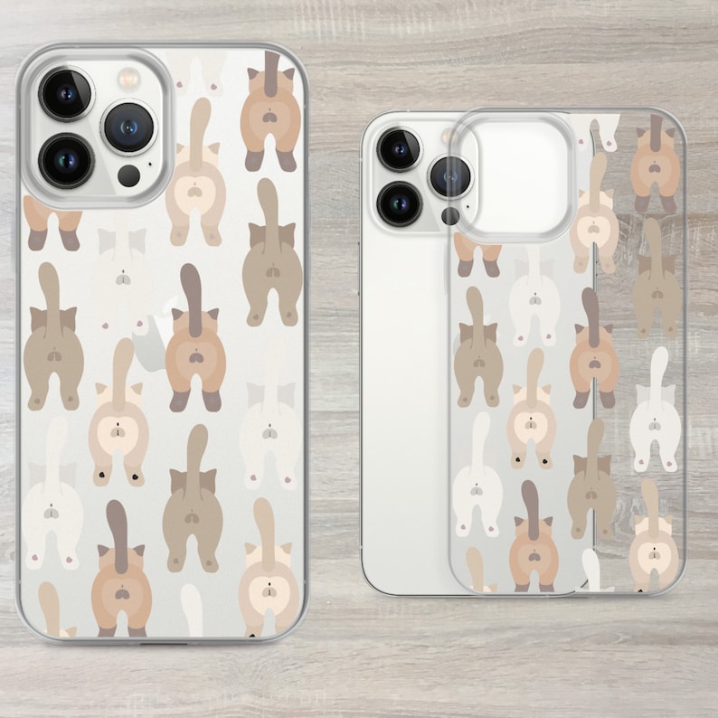 May include: A clear phone case with a white background and a repeating pattern of brown, white, and grey cats facing away from the viewer. The case is designed for an iPhone.