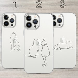 Può includere: Tre custodie per iPhone bianche con diversi design di gatti minimalisti in linea. La prima custodia presenta un solo gatto seduto, la seconda custodia presenta due gatti seduti schiena contro schiena e la terza custodia presenta un gatto sdraiato.
