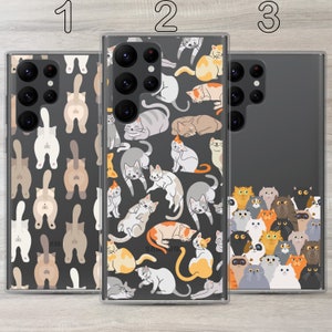 May include: Three clear phone cases with a black background and a pattern of cartoon cats in various poses. The cases are labelled 1, 2, and 3.
