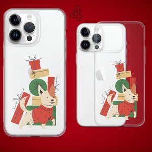 Puede incluir: Una funda transparente para tel&eacute;fono con fondo blanco y un perro de dibujos animados que lleva un jersey rojo y sostiene regalos. La funda tiene un borde blanco y un n&uacute;mero negro "4" en la esquina superior derecha.