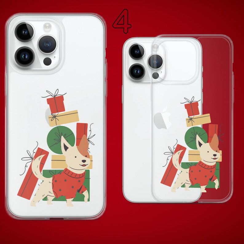 Puede incluir: Una funda transparente para tel&eacute;fono con fondo blanco y un perro de dibujos animados que lleva un jersey rojo y sostiene regalos. La funda tiene un borde blanco y un n&uacute;mero negro "4" en la esquina superior derecha.