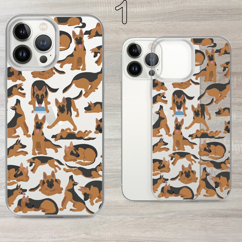 May include: Two clear phone cases with a pattern of German Shepherd dogs in various poses. The cases are designed for an iPhone.