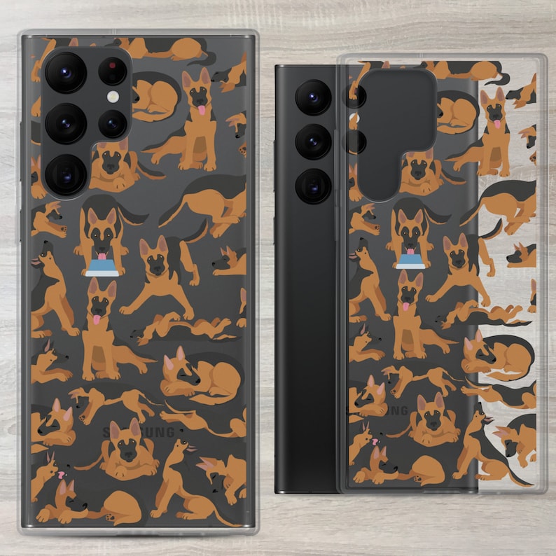 May include: A clear phone case with a pattern of German Shepherd dogs in various poses on a black background. The case is designed for a Samsung Galaxy phone.